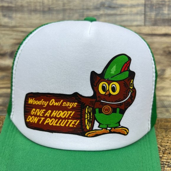Woodsy Owl Mens Trucker Hat Green Snapback 70s Old Advertisement Don't Pollute - Picture 3 of 8